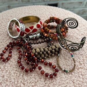 Bracelet Lot Set Bundle Beads Silver Tone BoHo Glam Dressy Brown Orange Neutral